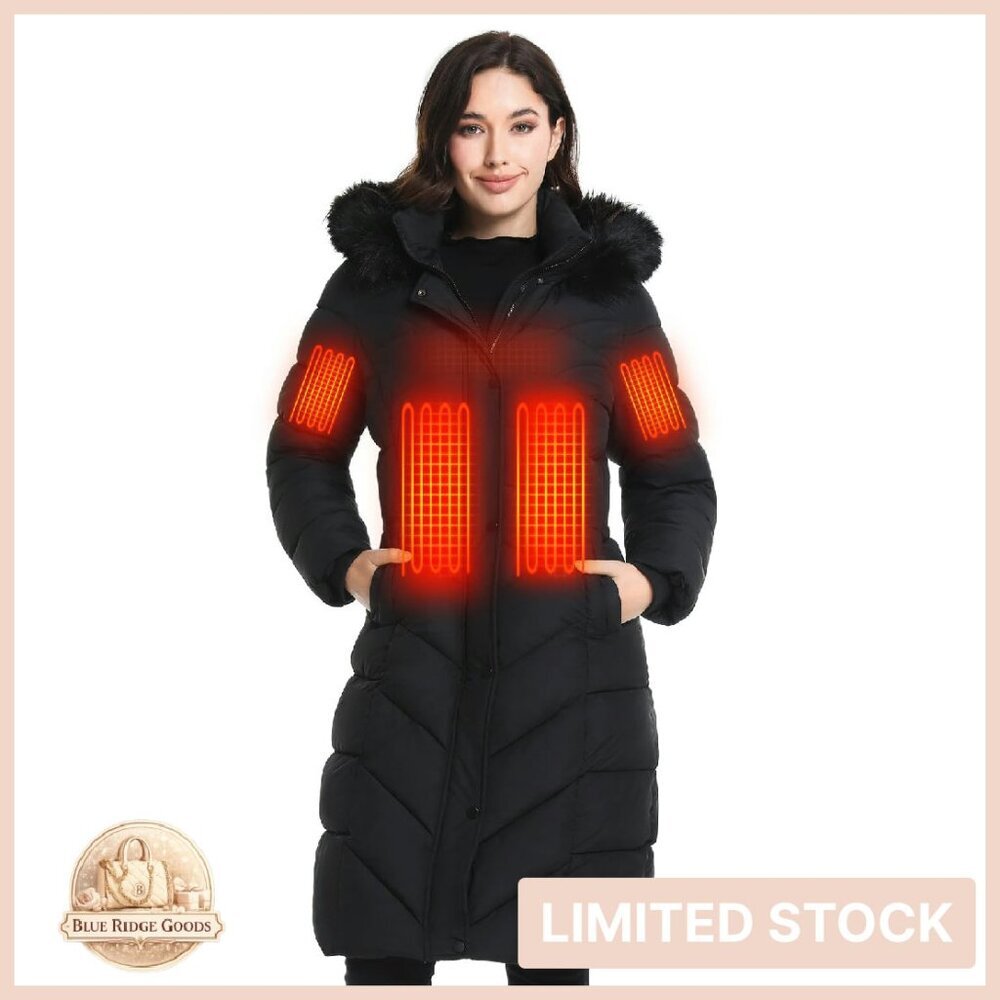 Heated Winter Jacket Long Coat Detachable Fur Hood 6-Zone Heating Battery Pack